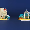 Colorful Beach Scene With Seashell Starfish Surfboard Palm Trees And Cartoon Decorations