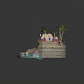 Cute Cartoon Island Scene Featuring Small Houses Palm Trees Boat And Pink Flowers