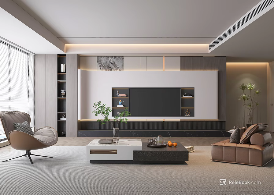 Modern Living Room Interior Design With TV Cabinet Leather Sofa Coffee Table And Green Plants 3d model 