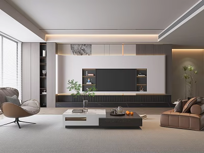 Modern Living Room Interior Design With TV Cabinet Leather Sofa Coffee Table And Green Plants 3d model