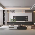 Modern Living Room Interior Design With TV Cabinet Leather Sofa Coffee Table And Green Plants
