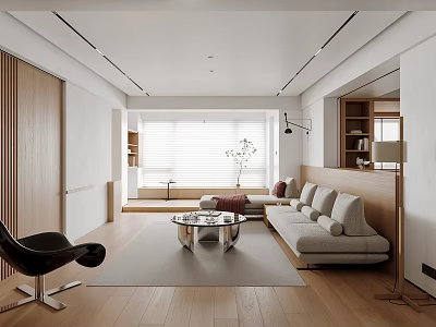 Modern Living and Dining Room Interior With Beige Sofa Glass Coffee Table And Wooden Flooring 3d model