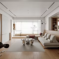 Modern Living and Dining Room Interior With Beige Sofa Glass Coffee Table And Wooden Flooring