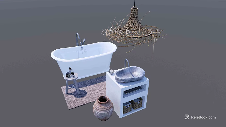 Modern Bathroom White Washbasin With Wicker Pendant Light Bathtub And Ceramic Jar 3d model 