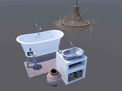 Modern Bathroom White Washbasin With Wicker Pendant Light Bathtub And Ceramic Jar 3d model