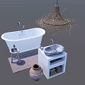Modern Bathroom White Washbasin With Wicker Pendant Light Bathtub And Ceramic Jar