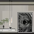 Modern Minimalist Interior With Abstract Painting Marble Countertop Green Plant And Hanging Lamps