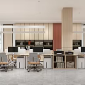 Modern Public Office Space Design With Open Layout Shared Work Desk And Wooden Elements 3d model