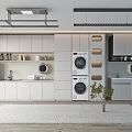 Modern Home Balcony With White Cabinets Sink Washing Machines Window Blinds And Green Plant