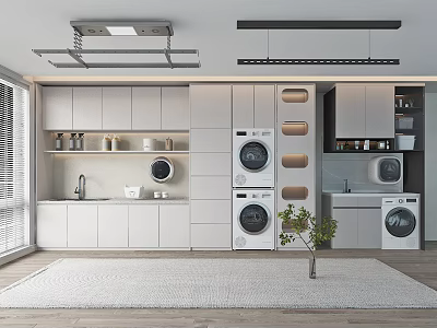 Modern Home Balcony With White Cabinets Sink Washing Machines Window Blinds And Green Plant 3d model