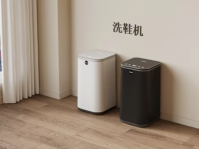Modern Room Interior With Two White And Black Shoe Washing Machines Curtains And Wooden Floor 3d model