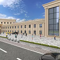 Beige Elegant Hotel Building With Grand Porch Green Trees People Blue Sky And White Clouds