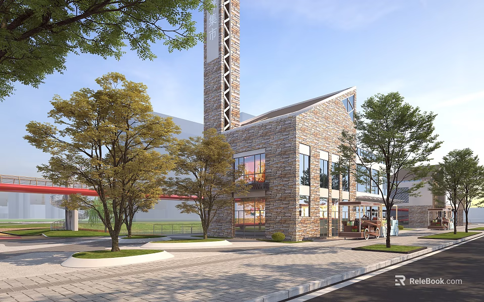 Commercial Street With Brick Building Tower Trees And Pedestrian Walkway Design 3d model 
