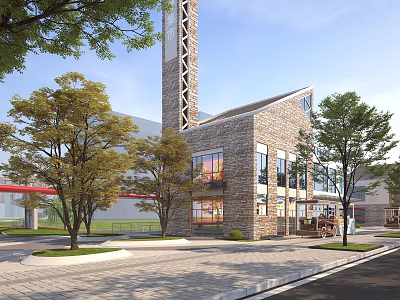 Commercial Street With Brick Building Tower Trees And Pedestrian Walkway Design 3d model