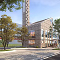 Commercial Street With Brick Building Tower Trees And Pedestrian Walkway Design