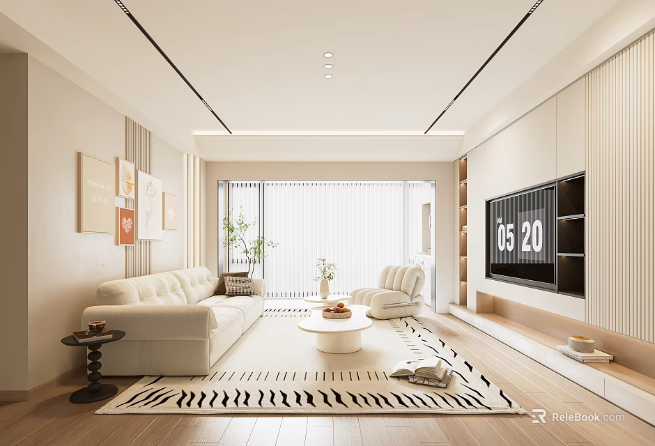 Modern Living Room Interior With White Sofa Round Coffee Table And Striped Rug 3d model 