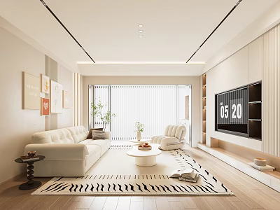 Modern Living Room Interior With White Sofa Round Coffee Table And Striped Rug 3d model