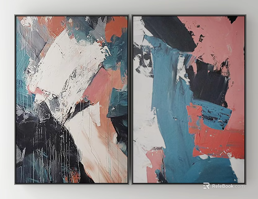 Modern Abstract Paintings With Blue Pink Black White And Orange Brush Strokes 3d model 