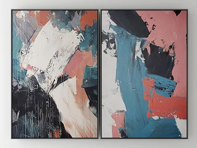 Modern Abstract Paintings With Blue Pink Black White And Orange Brush Strokes 3d model