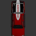 Red Lifeguard Pickup Truck With Surfboard And Roof Rack