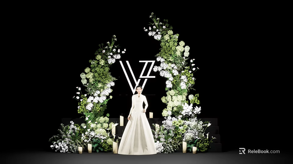 Lush Floral Installation With Greenery Arch White Flowers And Decorative Accents 3d model 