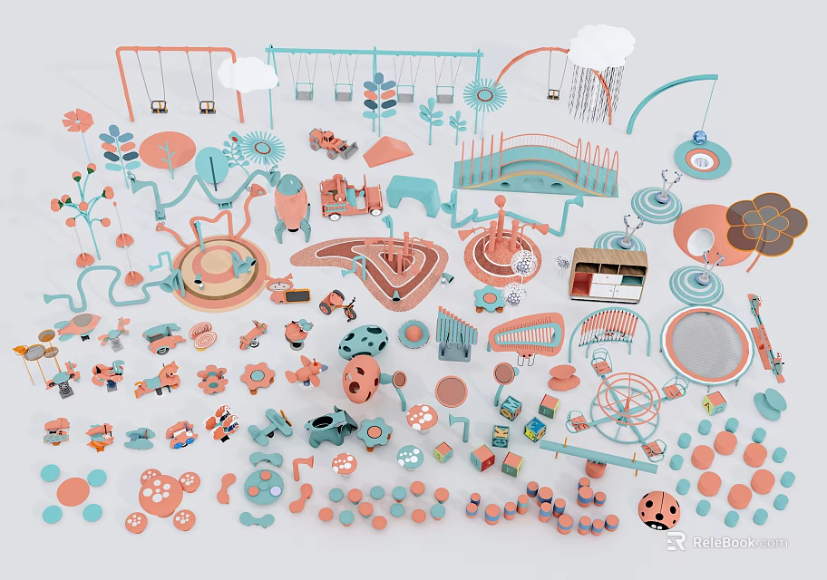 Colorful Child Friendly Playground Equipment With Swings Slides And Animal Shapes 3d model 