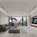 Modern Living And Dining Room With Black Sofa TV Wall And Floor To Ceiling Windows