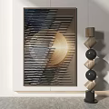 Modern Decorative Wall Art With Striped Pattern And Circular Element Beside Geometric Sculpture 3d model