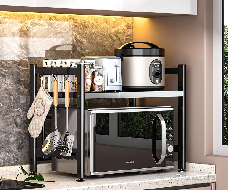Kitchen Double Tier Microwave Stand with Storage for Rice Cooker Spice Bottles Hanging Cooking Utensils 3d model 