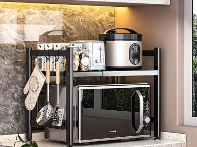 Kitchen Double Tier Microwave Stand with Storage for Rice Cooker Spice Bottles Hanging Cooking Utensils 3d model