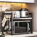 Kitchen Double Tier Microwave Stand with Storage for Rice Cooker Spice Bottles Hanging Cooking Utensils