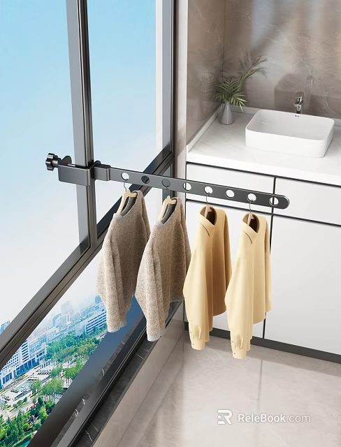 Wall Mounted Clothes Hanger Hanging Clothes By Window In Bathroom With Sink And Cabinets 3d model 