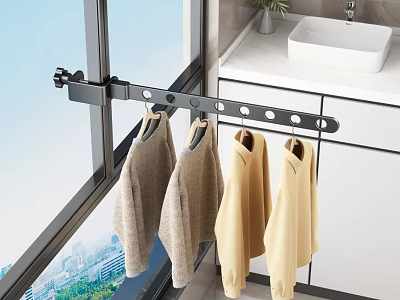 Wall Mounted Clothes Hanger Hanging Clothes By Window In Bathroom With Sink And Cabinets 3d model