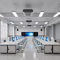 Modern Science Classroom Equipped With White Tables Computers Projector Large Screen Windows And Ceiling Lights 3d model