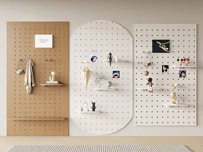 Pegboard Wall Decor In Brown And White With Decorative Items Photos Shelves And Hooks 3d model
