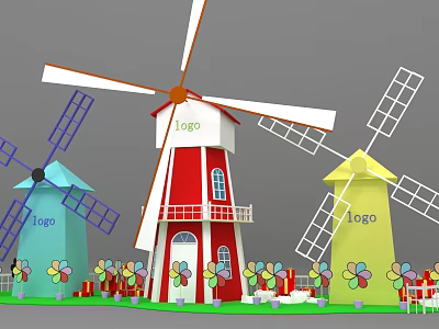 Colorful Decorative Windmills With Logo Blue Red Yellow Flower Decorations And Gift Boxes 3d model