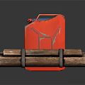Red And Blue Fuel Canisters With Bundled Firewood For Daily Household Use