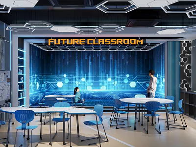 School Future Classroom Interior Design with Modern Tech Background Students Teacher Blue Desks and Chairs 3d model
