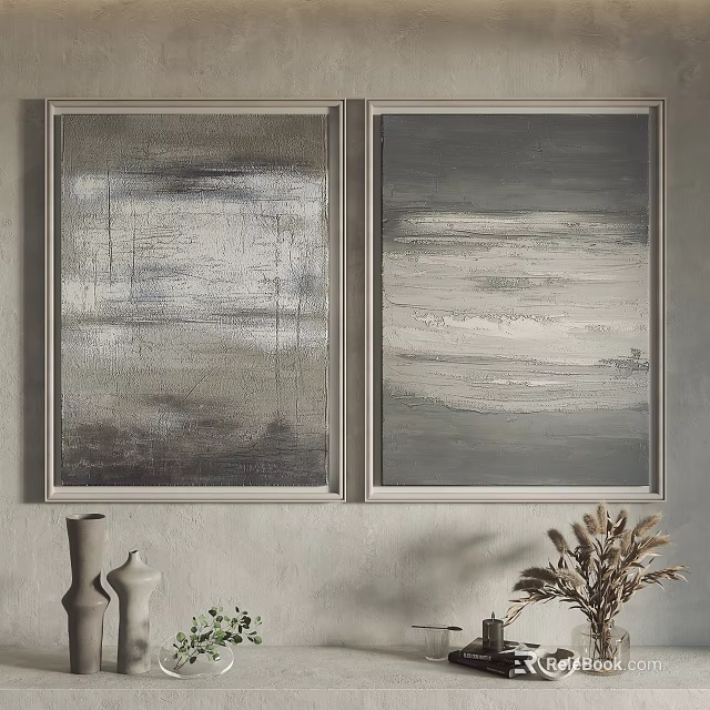 Abstract Gray Textured Wall Art In Frames With Decorative Vases Below 3d model