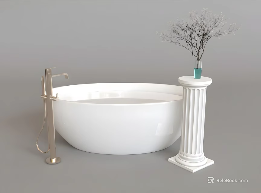 White Bathtub With Golden Faucet White Column Blue Vase And White Branch Decoration 3d model 