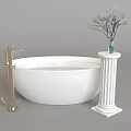 White Bathtub With Golden Faucet White Column Blue Vase And White Branch Decoration