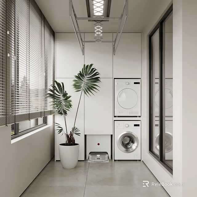 Home Balcony With White Cabinets Washing Machine Dryer Palm Plant And Window Blinds 3d model 