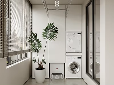 Home Balcony With White Cabinets Washing Machine Dryer Palm Plant And Window Blinds 3d model