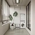 Home Balcony With White Cabinets Washing Machine Dryer Palm Plant And Window Blinds