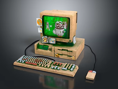 Retro Electronic Computer With Decorative Monitor Keyboard Mouse And Cartoon Screen 3d model