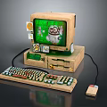 Retro Electronic Computer With Decorative Monitor Keyboard Mouse And Cartoon Screen