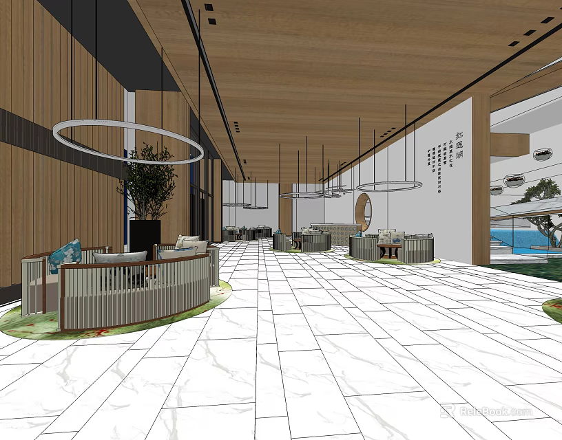 Modern Store Front Desk With Wooden Walls Marble Floor And Circular Pendant Lights 3d model 