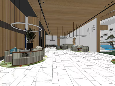 Modern Store Front Desk With Wooden Walls Marble Floor And Circular Pendant Lights 3d model
