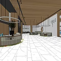 Modern Store Front Desk With Wooden Walls Marble Floor And Circular Pendant Lights
