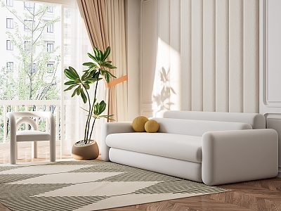 Simple Sofa Cream Style Sofa Casual Chair Potted Carpet Curtain Living Room Background Wall 3d model